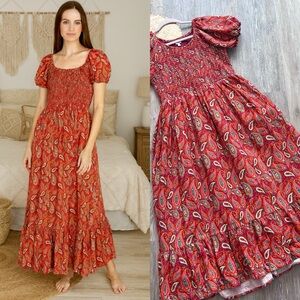 Blueberi boulevard paisley boho smocked pinafore midi dress